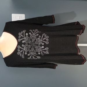 One World Black Striped Snowflake Bedazzled 3/4 Sleeve Size 2X